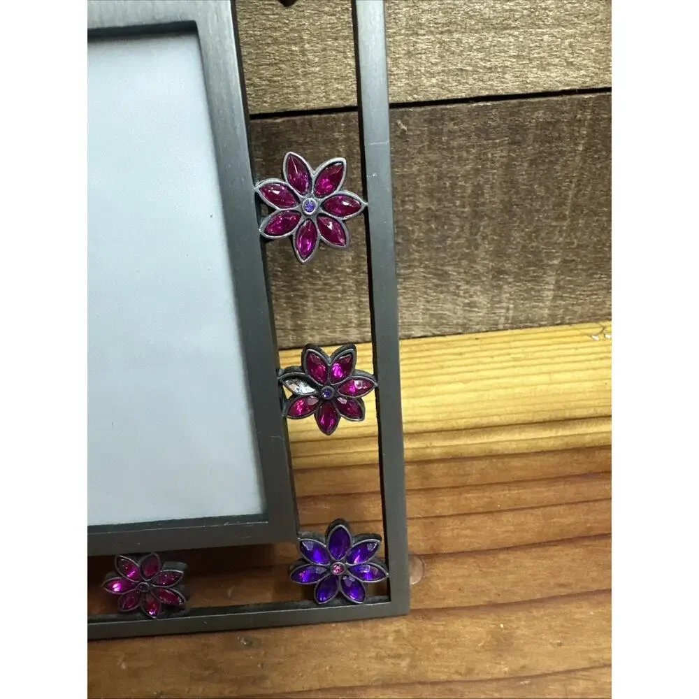 Metal Picture Frame Purple Pink Gem Flowers Holds 4.5x3” Photo
